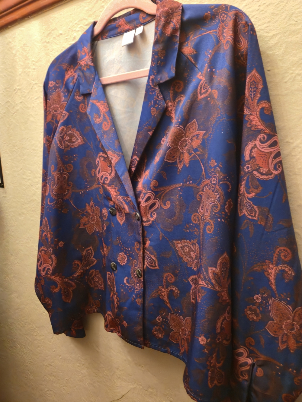 🔥3/15$Twik Simons Blue Paisley Satin Button Up Blouse Size L Retro Floral Shirt - Picture 5 of 9
